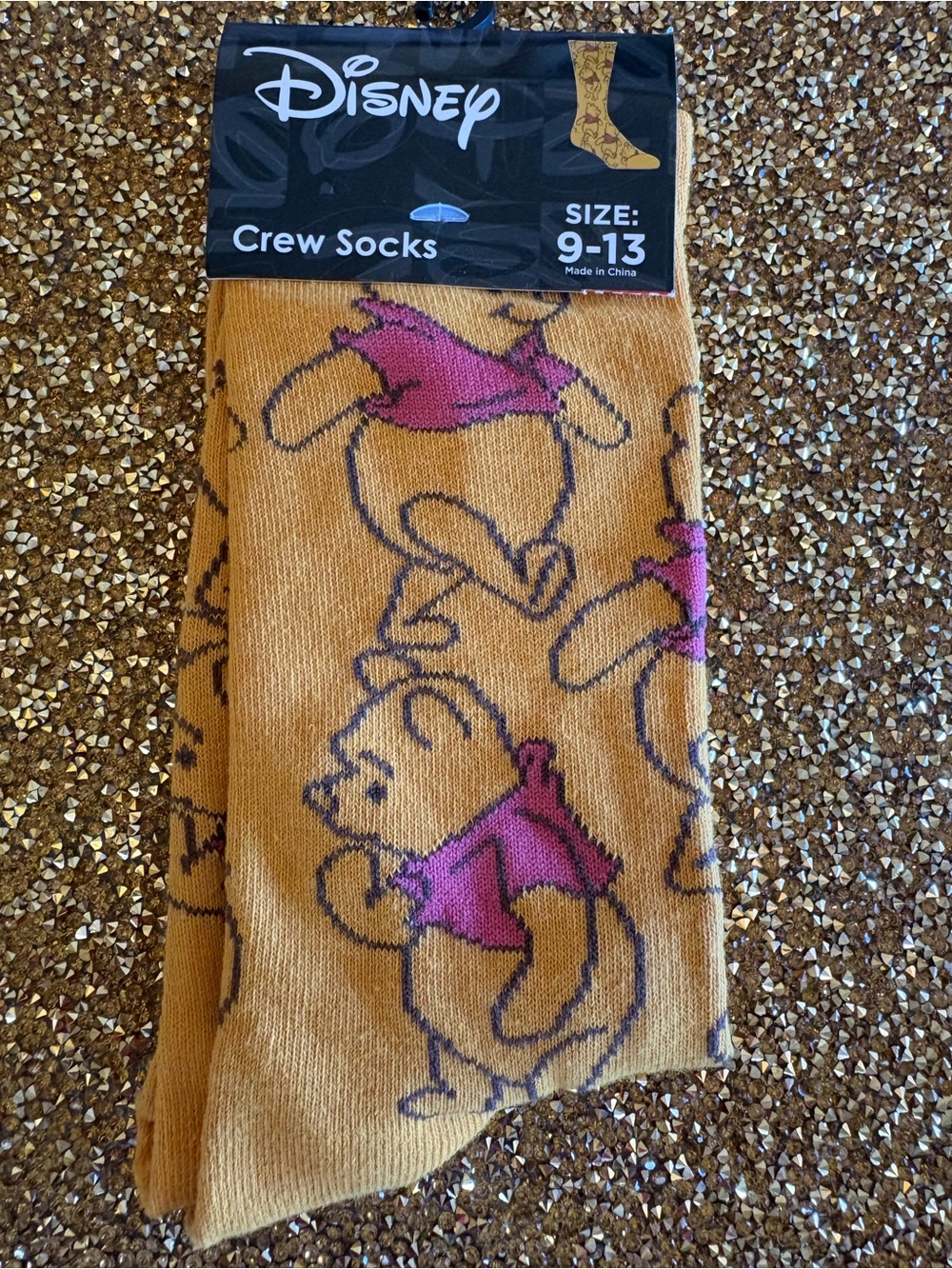 “Winnie The Pooh” Disney NWT Men’s Crew Socks/Mustard with Pink Winnie the Pooh